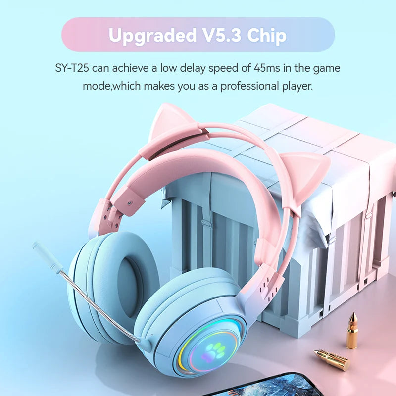 Cute Antlers/Cat Ear Wireless Bluetooth Headphone Gamer Earphone Gaming Headset With RGB Light For Child Kid Cute Girl Gifts