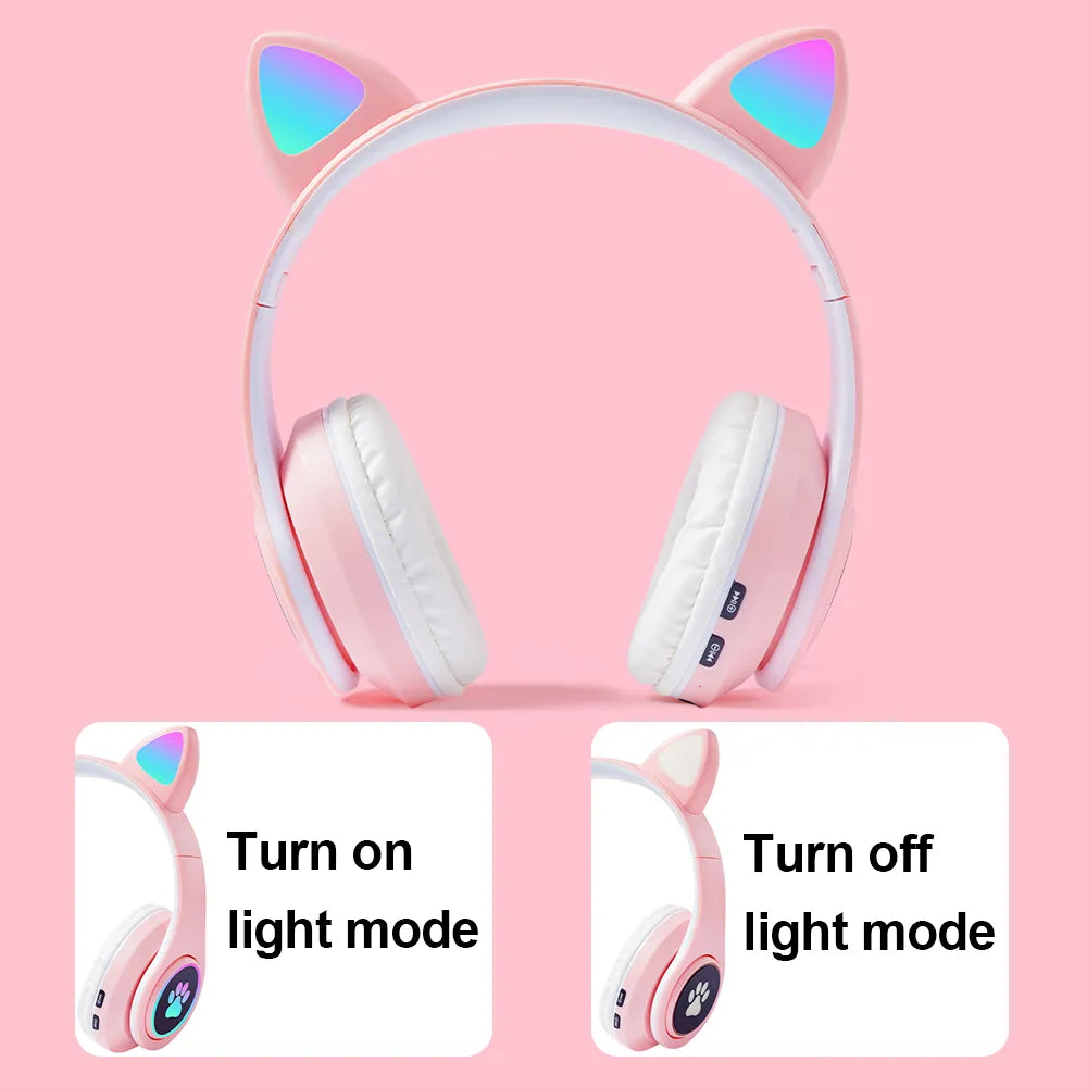 Wireless Headset Cat Ears Headphones with Mic Blue-tooth Glow Light PC Phone Gaming Headset Children Gamer Girl Gifts
