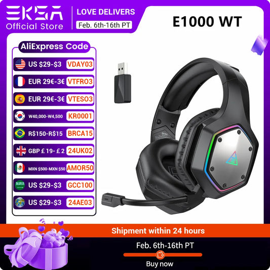 EKSA 2.4GHz Wireless Headphones E1000 WT 7.1 Surround Wired Gaming Headset Gamer with ENC Mic Low Latency for PC/PS4/PS5/Xbox