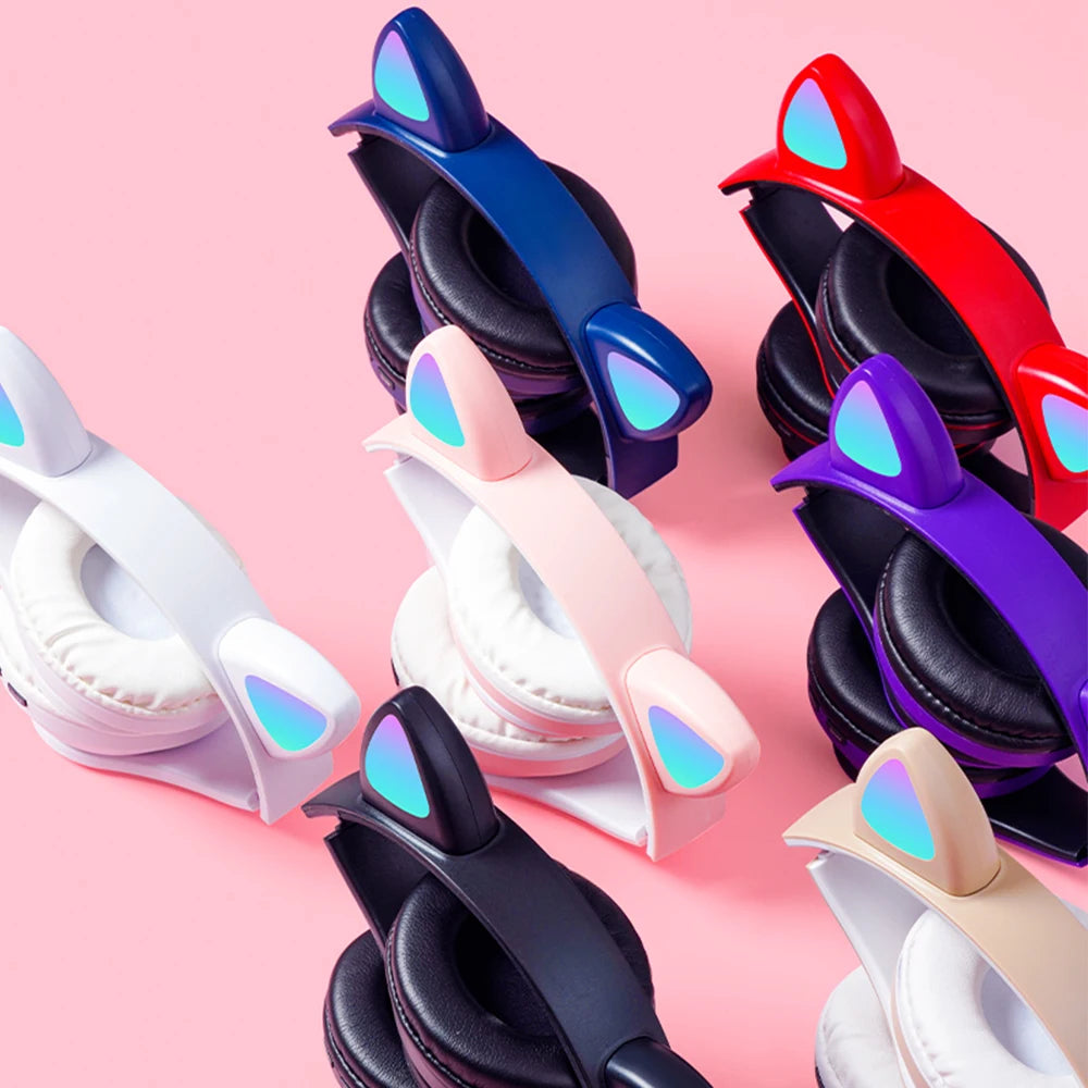 Wireless Headset Cat Ears Headphones with Mic Blue-tooth Glow Light PC Phone Gaming Headset Children Gamer Girl Gifts