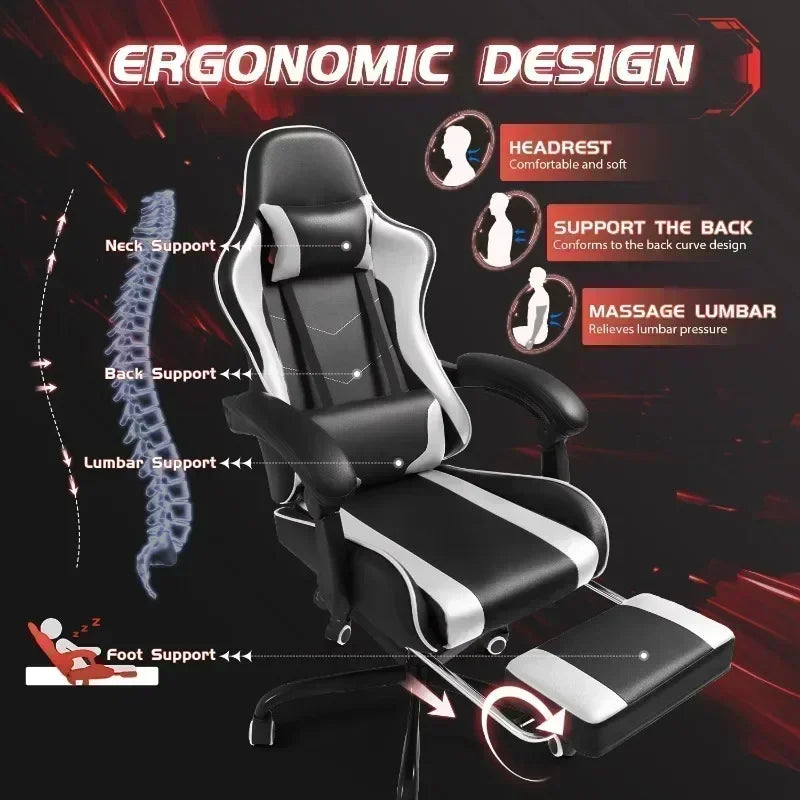 White PU Leather Gaming Chair with Footrest & Lumbar Support