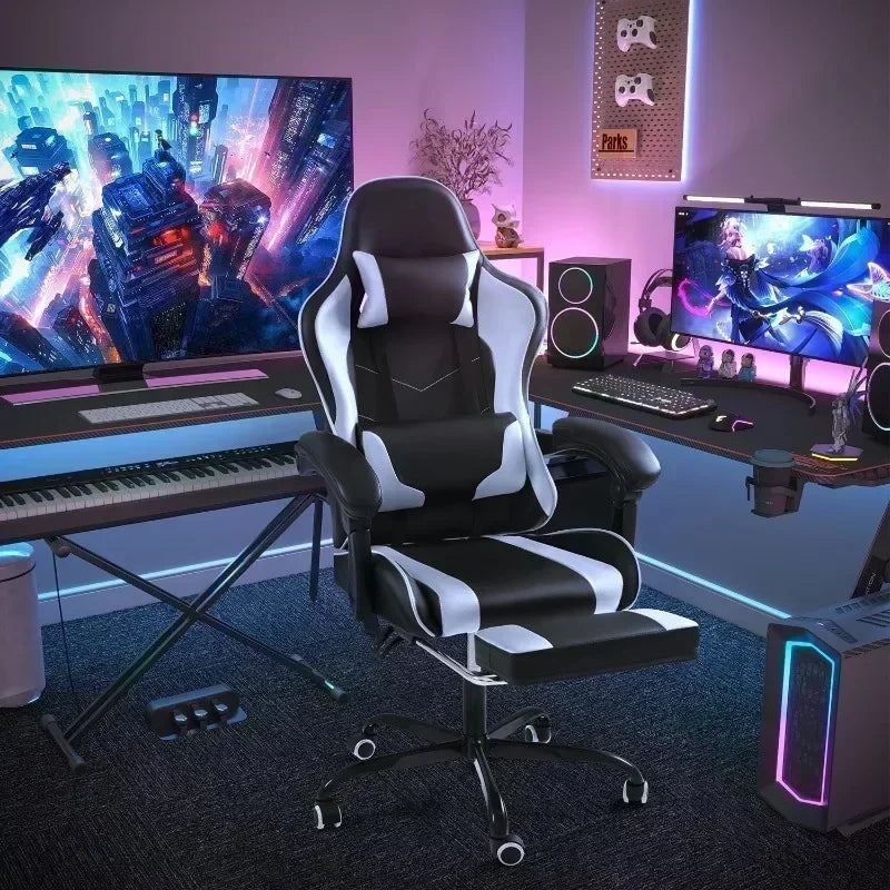 White PU Leather Gaming Chair with Footrest & Lumbar Support