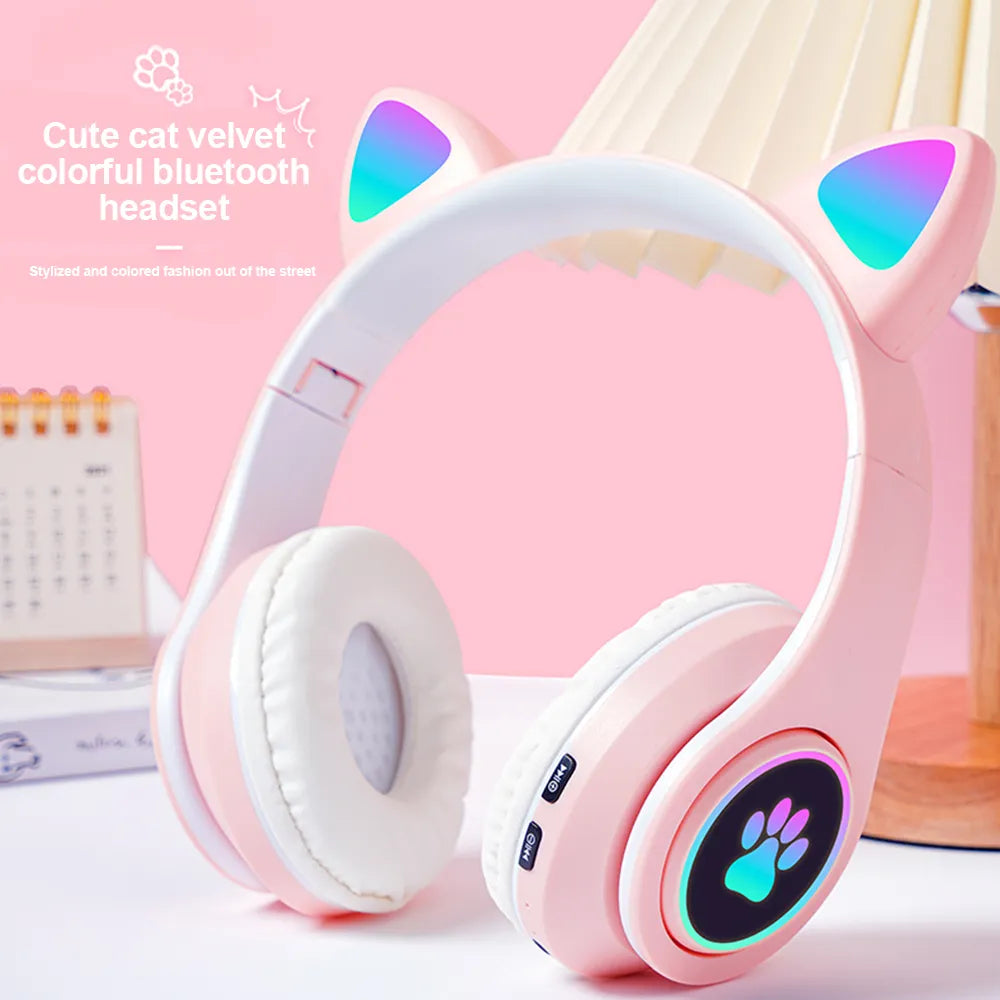 Wireless Headset Cat Ears Headphones with Mic Blue-tooth Glow Light PC Phone Gaming Headset Children Gamer Girl Gifts