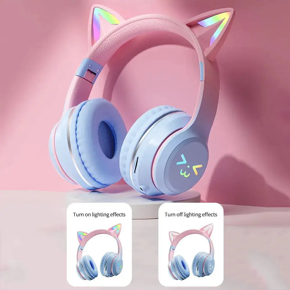 Wireless Headphones RGB Cute Cat Girls Kids Gift Headset with Microphone Stereo Music Gaming Headsets Control Lights Earphone