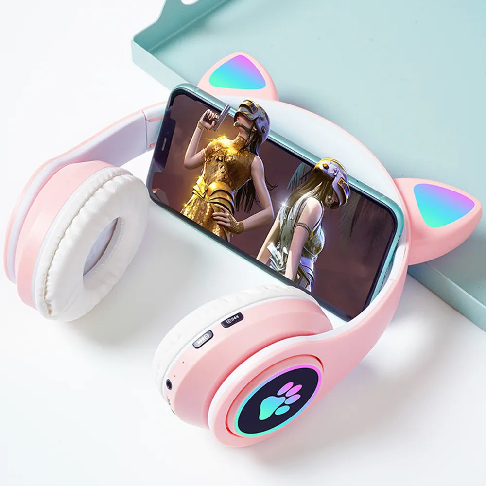 Wireless Headset Cat Ears Headphones with Mic Blue-tooth Glow Light PC Phone Gaming Headset Children Gamer Girl Gifts