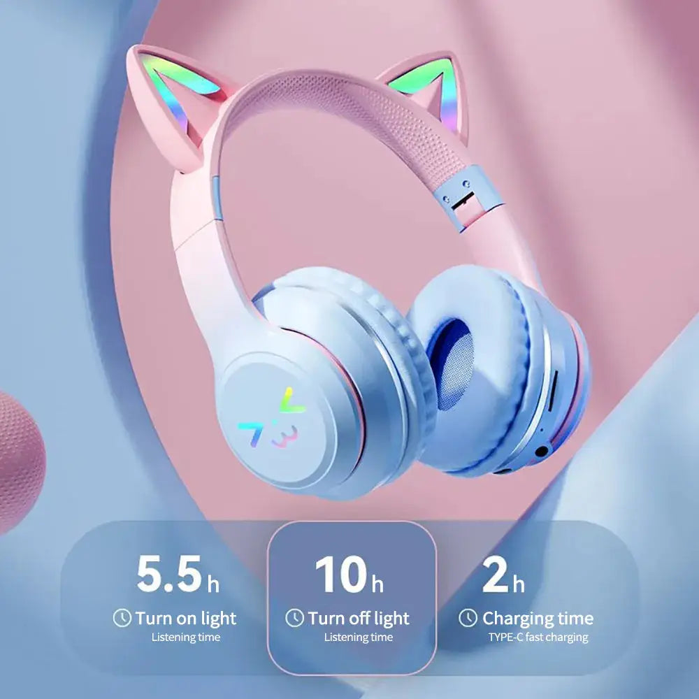 Wireless Headphones RGB Cute Cat Girls Kids Gift Headset with Microphone Stereo Music Gaming Headsets Control Lights Earphone