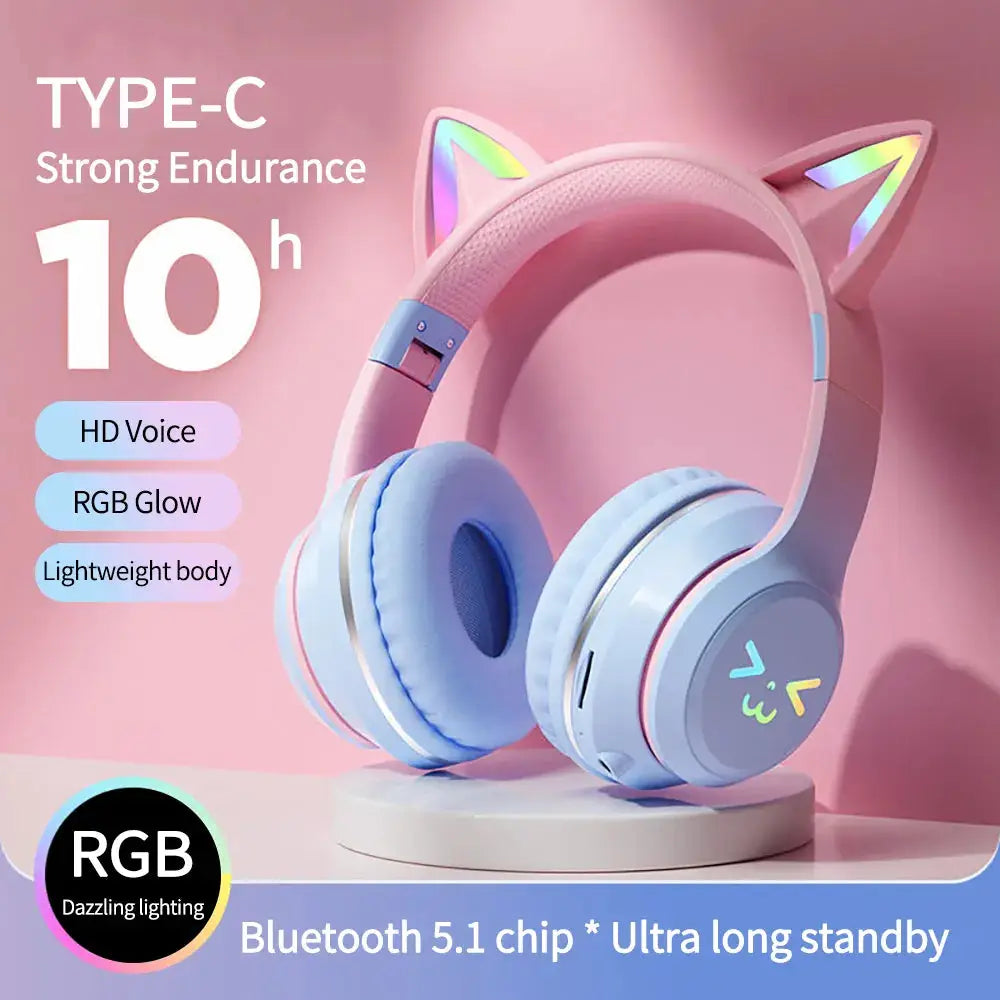 Wireless Headphones RGB Cute Cat Girls Kids Gift Headset with Microphone Stereo Music Gaming Headsets Control Lights Earphone