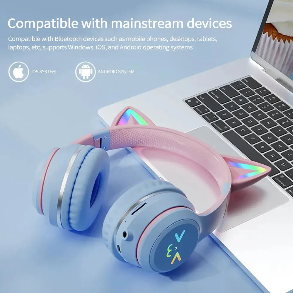 Wireless Headphones RGB Cute Cat Girls Kids Gift Headset with Microphone Stereo Music Gaming Headsets Control Lights Earphone